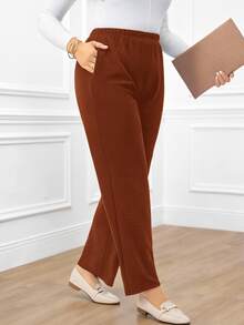 Rosumi Plus Size Women's Casual Daily Black Long Pants With Pockets Fall - Brown - View 6