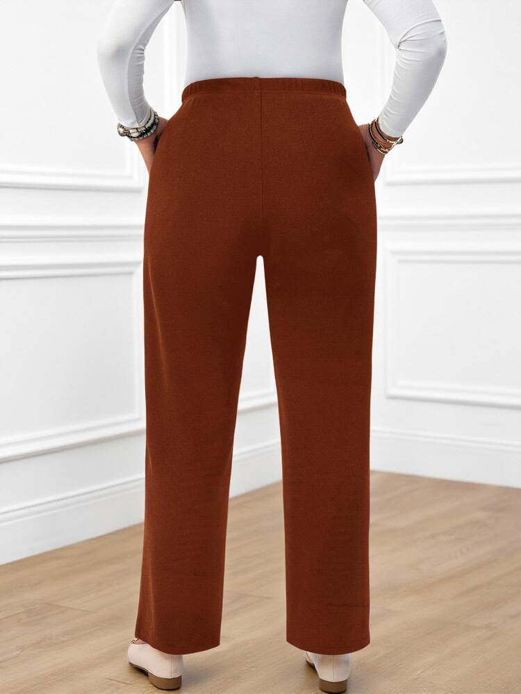 Rosumi Plus Size Women's Casual Daily Black Long Pants With Pockets Fall - Brown - View 2