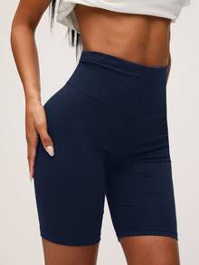 SHEIN BASICS 1件女款寬腰運動單車短褲 夏季款 - 黑色 - 查看 7