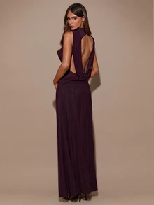 SHEIN BAE 夏季深紫色高領無袖露背垂墜修身長裙，適合聖誕節、新年、感恩節雞尾酒晚宴，優雅性感 - 紫色 - 查看 2