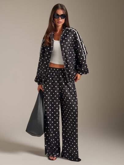 Athîral Women's Casual Loose Black Polka Dot Printed Side Stripes With Elastic Waistband And Wide Leg Pants, Suitable For Daily Casual Sports And Gym Wear In