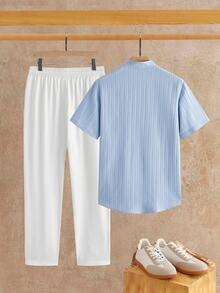 HIMLAND Men's Solid Color Short Sleeve Button Half-Placket Shirt And Pants Casual Set - Multicolor - View 2