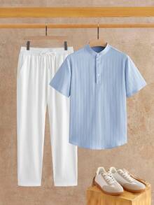HIMLAND Men's Solid Color Short Sleeve Button Half-Placket Shirt And Pants Casual Set - Multicolor - View 10
