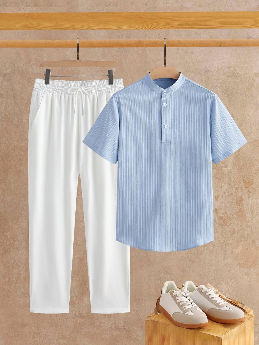 Manfinity RebelGame Men's Solid Color Short Sleeve Button Half Placket Shirt And Pants Casual Set, Block, Color - Multicolor - View 1