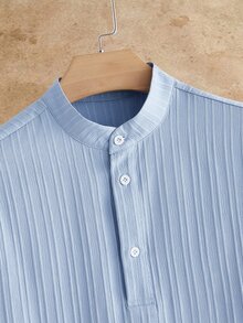 HIMLAND Men's Solid Color Short Sleeve Button Half-Placket Shirt And Pants Casual Set - Multicolor - View 3