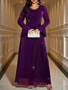 Reflora 大尺碼女款純色垂領休閒優雅派對正式早午餐禮服婚禮深紫色冬季 - 米色 - 查看 1