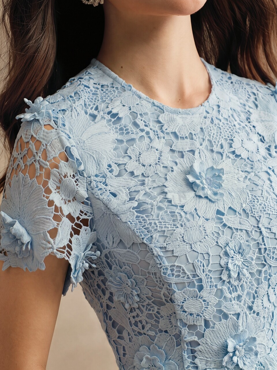 Anewsta New Women's Summer Dress With 3D Floral Water-Soluble Lace, Elegant Party & Holiday Outfit, Formal Dress For Wedding & Gathering