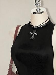 SHEIN ICON Y2K 夏季外出哥特黑色俱乐部性感纯色露背无袖修身连体衣，夏季 - 黑色 - 查看 7