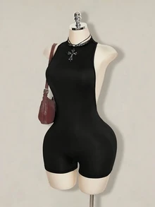 SHEIN ICON Y2K 夏季外出哥特黑色俱乐部性感纯色露背无袖修身连体衣，夏季 - 黑色 - 查看 5