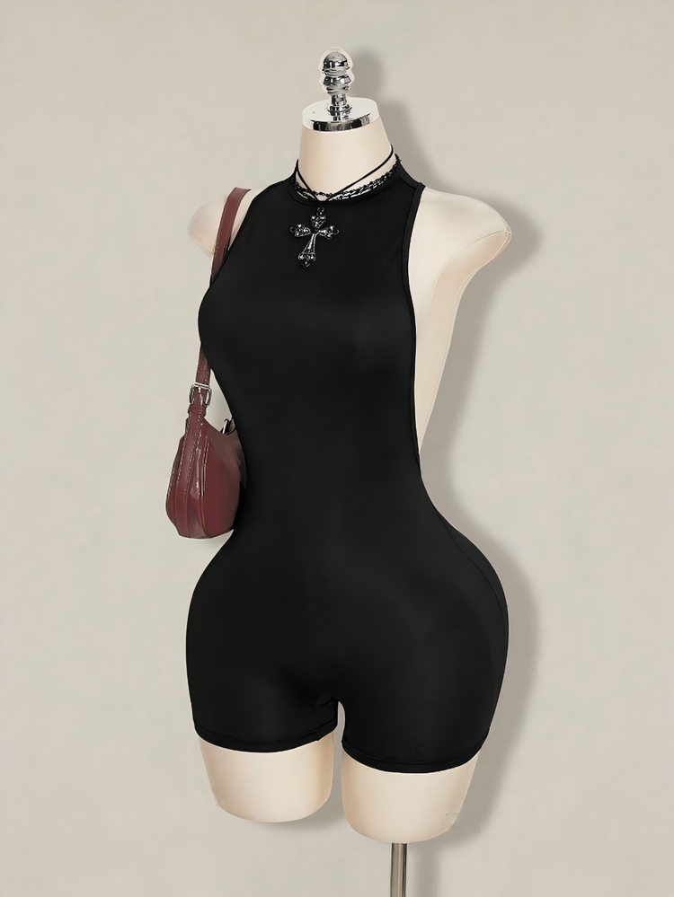 SHEIN ICON Y2k Summer Going Out Goth Black Club Sexy Solid Color Backless Sleeveless Fitted Romper, Summer - Black - View 5