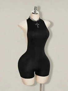 SHEIN ICON Y2K 夏季外出哥特黑色俱乐部性感纯色露背无袖修身连体衣，夏季 - 黑色 - 查看 8