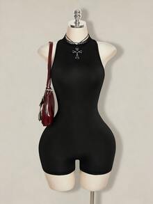 SHEIN ICON Y2K 夏季外出哥特黑色俱乐部性感纯色露背无袖修身连体衣，夏季 - 黑色 - 查看 6