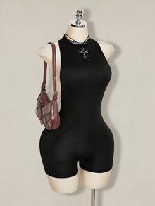 SHEIN ICON Y2K 夏季外出哥特黑色俱乐部性感纯色露背无袖修身连体衣，夏季 - 黑色 - 查看 2