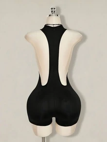 SHEIN ICON Y2K 夏季外出哥特黑色俱乐部性感纯色露背无袖修身连体衣，夏季 - 黑色 - 查看 1