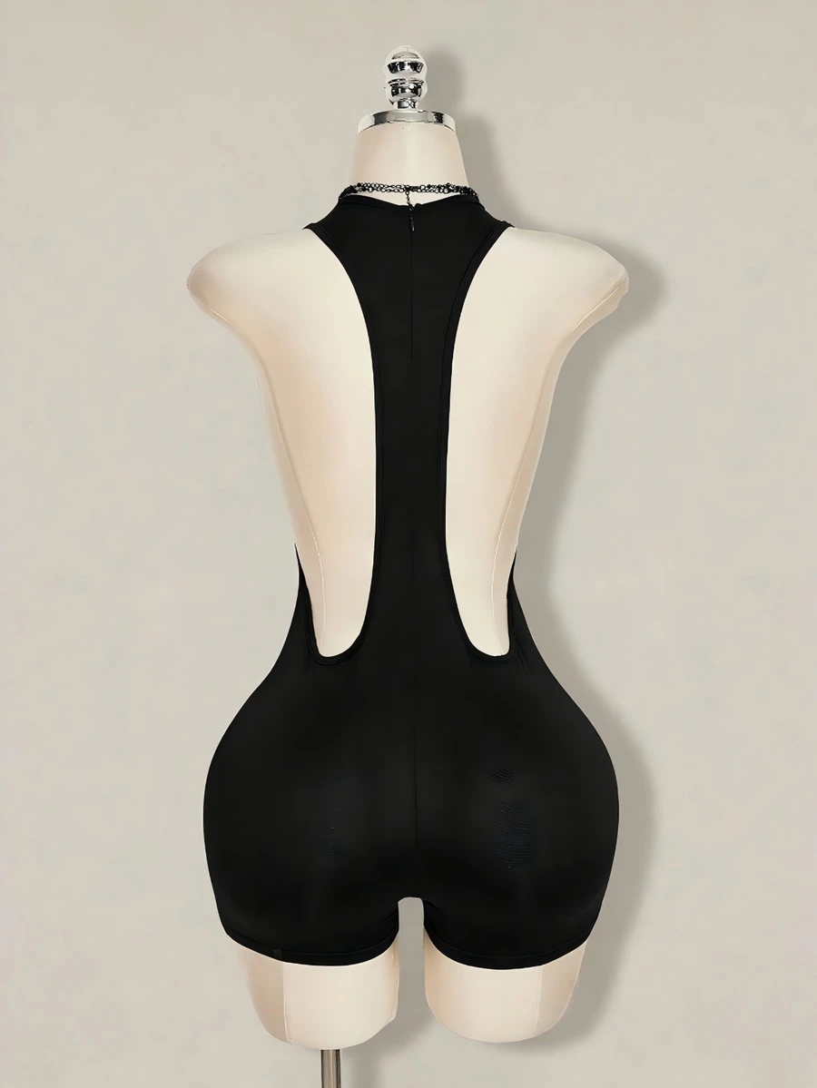 SHEIN ICON Y2K 夏季外出哥特黑色俱乐部性感纯色露背无袖修身连体衣,夏季 - 黑色 - 查看 1