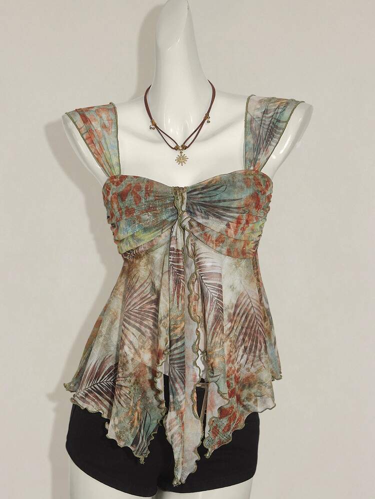 SHEIN ICON Women's Western Tropical 70s Vintage Boho Tropical Plant Print Ruched Asymmetric Hem Fashionable Thick Strap Camisole Vacation Green Summer - Multicolor - View 4
