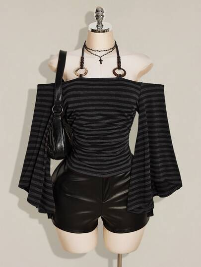 SHEIN ICON Y2K復古條紋掛脖喇叭袖時尚T恤，前衛街頭風休閒喇叭袖掛脖條紋針織上衣