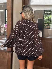 Serisse 女款時尚波點印花度假長袖百褶襯衫 - 棕色 - 查看 2
