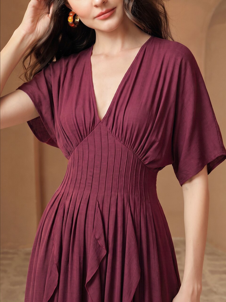 Anewsta Women's New Summer Shirred Dolman Sleeve Shirred Waist Slimming Glossy Wavy Hem Flare Dress For Party, Banquet And Gathering