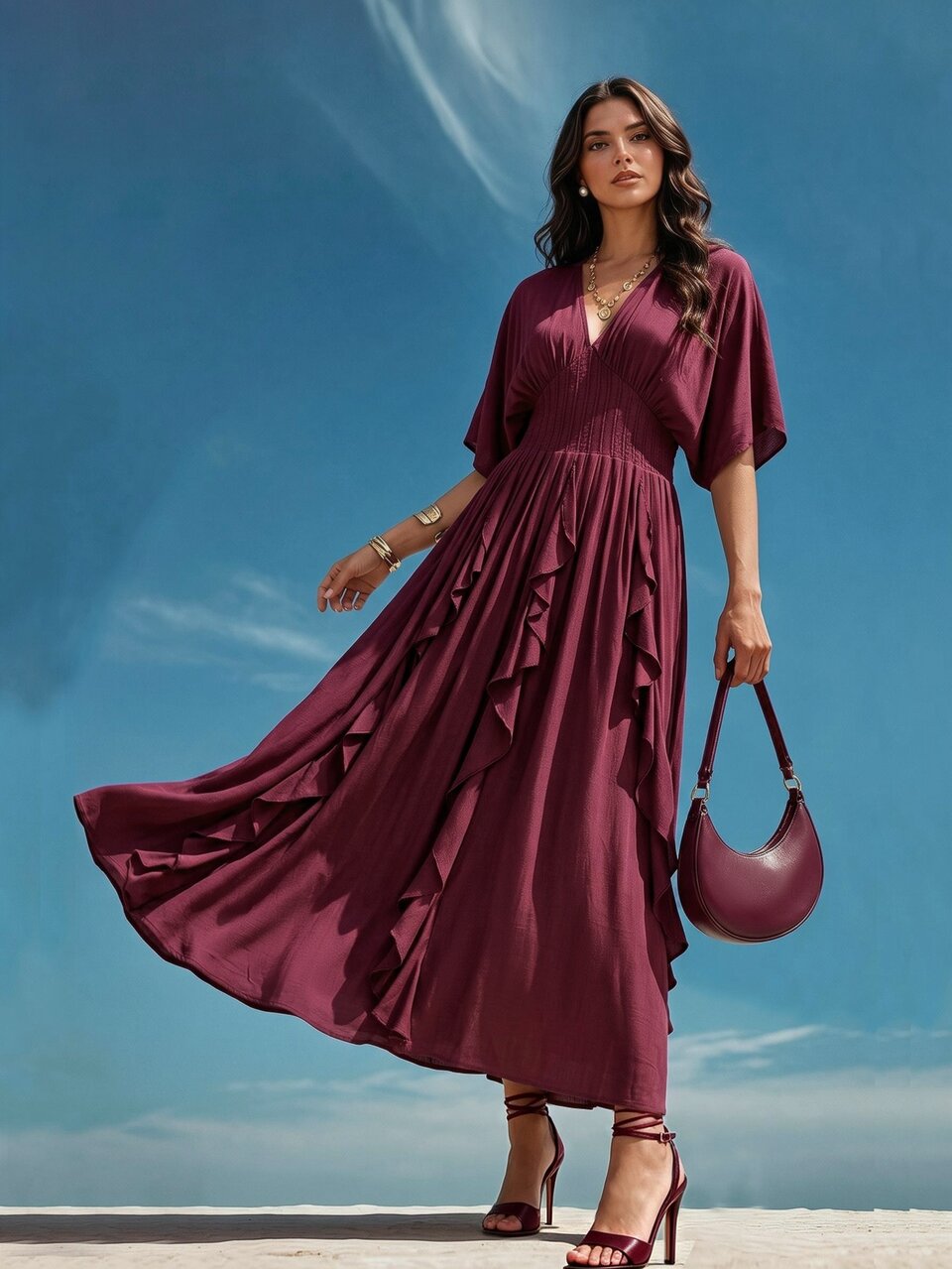 Anewsta Women's New Summer Shirred Dolman Sleeve Shirred Waist Slimming Glossy Wavy Hem Flare Dress For Party, Banquet And Gathering
