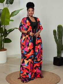 Maweii Plus Size Women's Red Boho Summer Beach Holiday 2-Piece Set,Abstract Print Short Sleeve Cardigan&Elastic Waist Pants,Side Slit Vacation Party Outfits - Multicolor - View 6