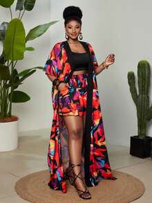 Maweii Plus Size Women's Red Boho Summer Beach Holiday 2-Piece Set,Abstract Print Short Sleeve Cardigan&Elastic Waist Pants,Side Slit Vacation Party Outfits - Multicolor - View 5