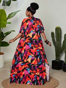 Maweii Plus Size Women's Red Boho Summer Beach Holiday 2-Piece Set,Abstract Print Short Sleeve Cardigan&Elastic Waist Pants,Side Slit Vacation Party Outfits - Multicolor - View 2
