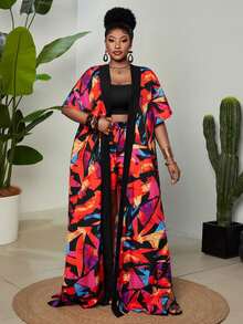 Maweii Plus Size Women's Red Boho Summer Beach Holiday 2-Piece Set,Abstract Print Short Sleeve Cardigan&Elastic Waist Pants,Side Slit Vacation Party Outfits - Multicolor - View 4
