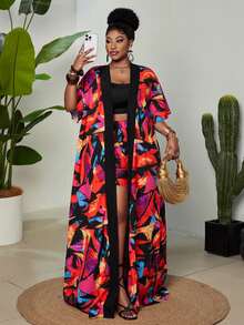 Maweii Plus Size Women's Red Boho Summer Beach Holiday 2-Piece Set,Abstract Print Short Sleeve Cardigan&Elastic Waist Pants,Side Slit Vacation Party Outfits - Multicolor - View 7