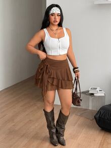 Coolane 女款大尺碼夏季秋季街頭風休閒性感優雅度假波希米亞海灘外出派對復古荷葉邊彈性棕色迷你裙 - 棕色 - 查看 2