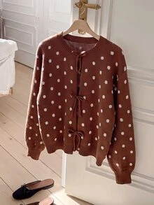 SHEIN 少女休閒棕色波點印花長袖蝴蝶結開襟衫，返校季 - 棕色 - 查看 8