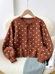 SHEIN 少女休閒棕色波點印花長袖蝴蝶結開襟衫，返校季 - 棕色 - 查看 1
