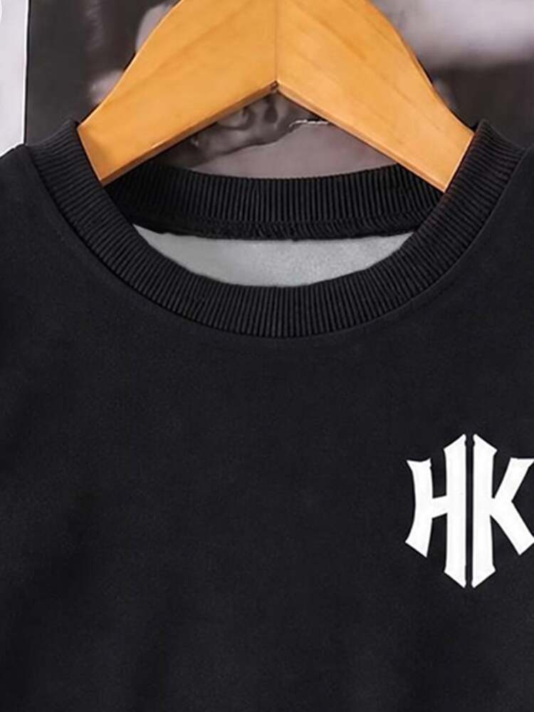 2pcs/Set Boys' Casual Fashion Comfortable Sweatshirt Set, Digital Print Pattern, Long Sleeve Top, Outfit, Autumn/Winter Wear, Boys' Black Crew Neck Sweatshirt & Black Sweatpants Set - Multicolor - View 3