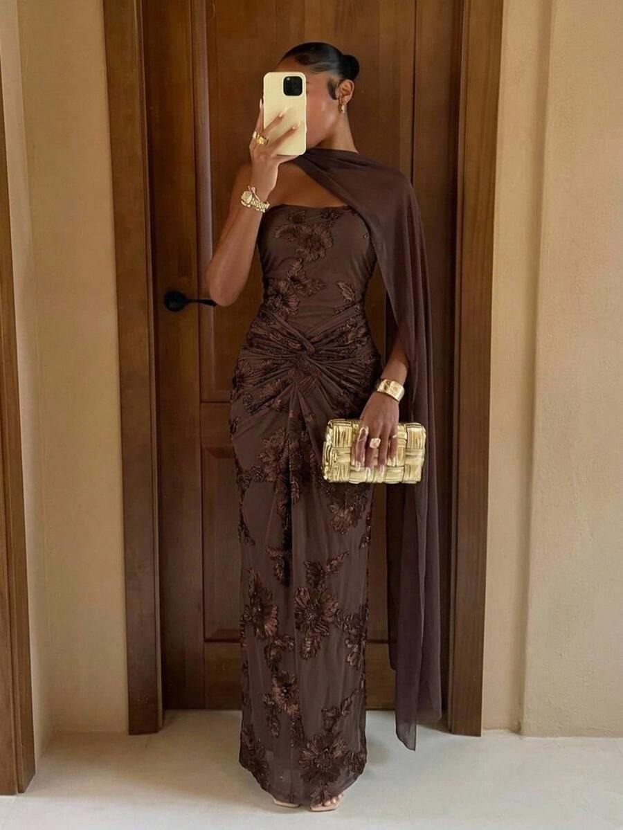 Lumalex Fall Winter Women's Jacquard Ribbon Design Pleated Slim Fit Elegant Long Dress Daily-To-Gala Versatility Quiet Luxury Meets Party Flair
