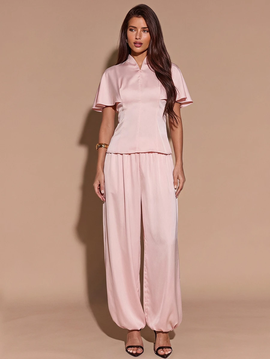 SHEIN BAE BAE Dusty Pink Satin Cape Sleeve Blazer Balloon Pants Set ...
