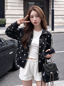 Comfortcana Women's Polka Dot Heart Print Zip-Up Casual Streetwear Active Sweatshirt Everyday School Black And White Striped Blue And White Striped Autumn - Black - View 4
