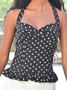 Mima John Cute Polka Dot Bow Bust Design Waist Ruffle Halter Neck Camisole For Women Polka Dots - Black - View 4