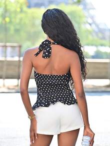 Mima John Cute Polka Dot Bow Bust Design Waist Ruffle Halter Neck Camisole For Women Polka Dots - Black - View 2