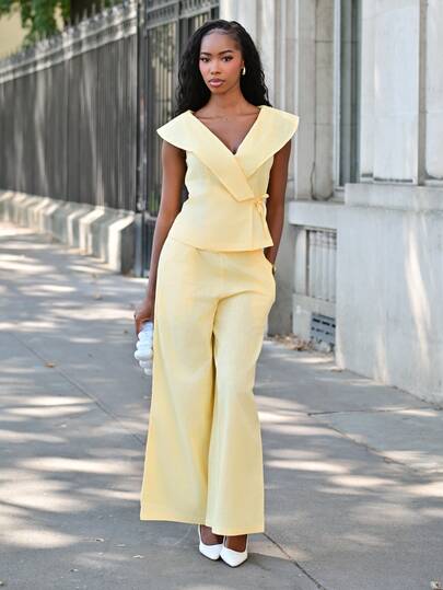 Mima John Elegant Pale Yellow 2 Pieces Set For Women,Lapel V Neck Wrap Top High Waist Wide Leg Pants,Office Work Wear Summmer Vacation Outfits,Dining Clothes
