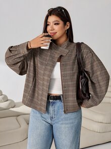 Solflare Plus Size Autumn Casual Plaid Jacket Fall Office - Brown - View 3