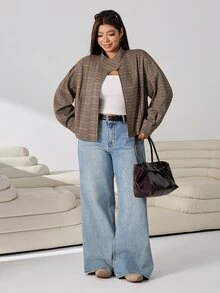 Solflare Plus Size Autumn Casual Plaid Jacket Fall Office - Brown - View 6