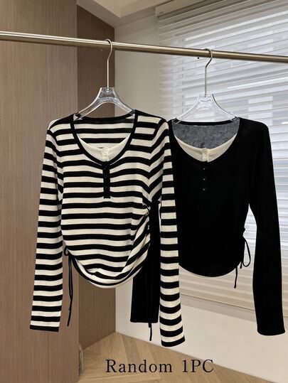 SHEIN Young Girl Young Girl Young Girl Fashionally Tailored Casual Round-Neck Pullover With Flared Sleeves Long-Sleeved T-Shirt