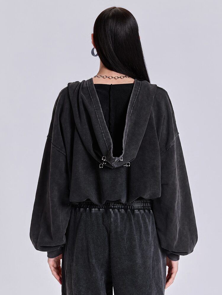 ROMWE Spring Autumn Winter Casual Streetwear Y2K Loose Fit Hoodie With Metal Ring Piercing Distressed Ripped Design - Black - View 4
