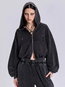 ROMWE Spring Autumn Winter Casual Streetwear Y2K Loose Fit Hoodie With Metal Ring Piercing Distressed Ripped Design - Black - View 3