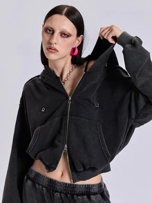 ROMWE Spring Autumn Winter Casual Streetwear Y2K Loose Fit Hoodie With Metal Ring Piercing Distressed Ripped Design - Black - View 6