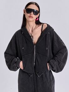 ROMWE Spring Autumn Winter Casual Streetwear Y2K Loose Fit Hoodie With Metal Ring Piercing Distressed Ripped Design - Black - View 7