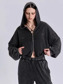 ROMWE Spring Autumn Winter Casual Streetwear Y2K Loose Fit Hoodie With Metal Ring Piercing Distressed Ripped Design - Black - View 1