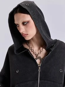 ROMWE Spring Autumn Winter Casual Streetwear Y2K Loose Fit Hoodie With Metal Ring Piercing Distressed Ripped Design - Black - View 2