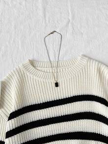 SHEIN 青少年女孩秋冬休閒條紋針織毛衣，簡約時尚，適合日常、校園、街頭穿搭 - 米色 - 查看 8