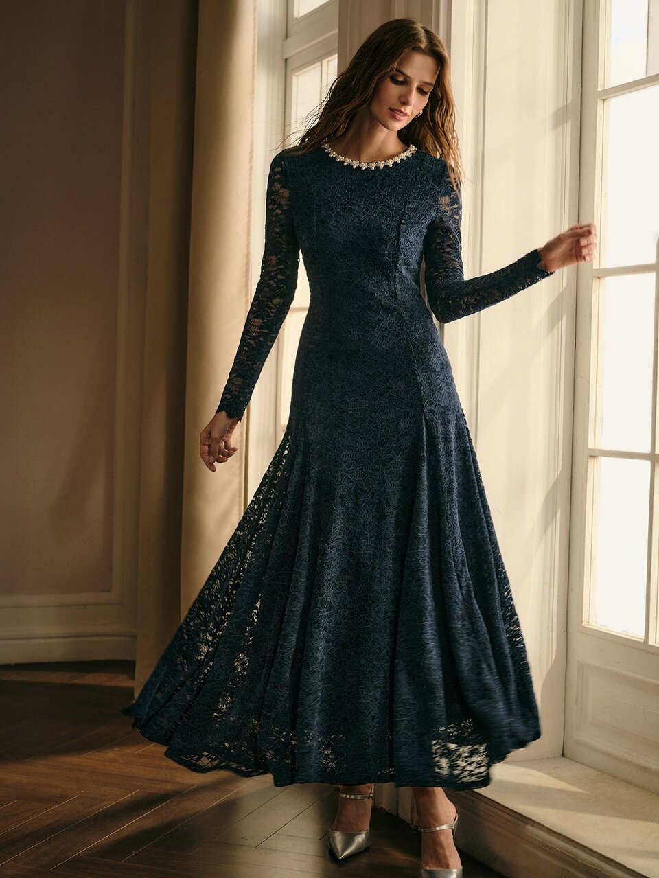 MOTF WOMEN'S FASHION ELEGANT LACE WAIST-CINCHING LONG DRESS